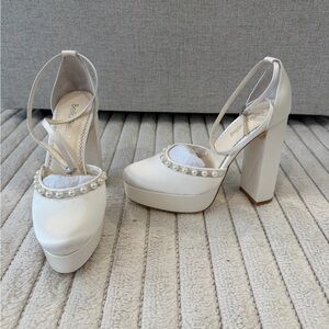 Ivory Pearl-Embellished Platform Block Heels